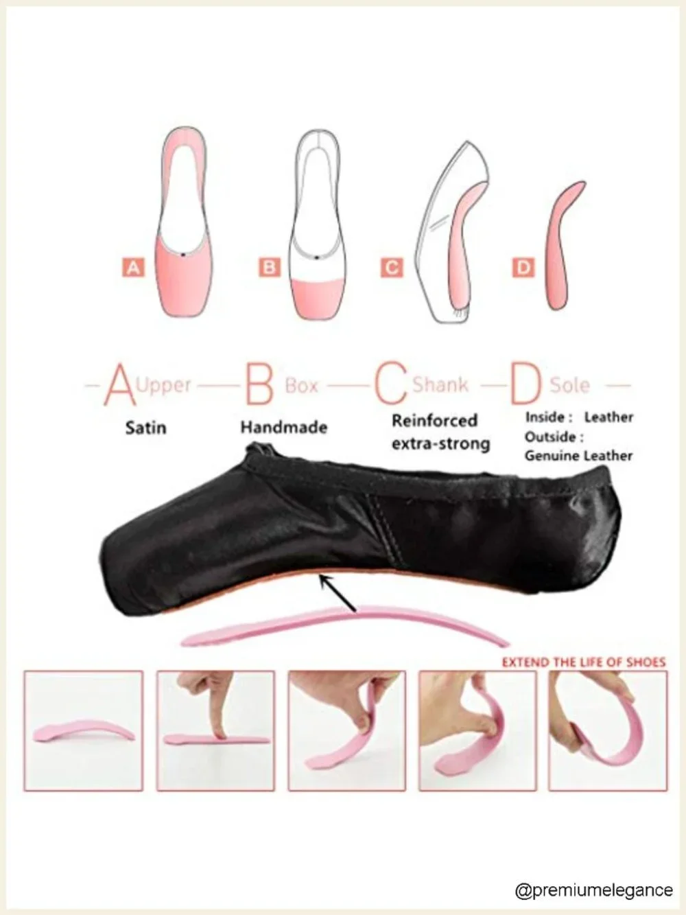 Professional Ballet Pointe Shoes Satin Leather Sole with Toe Pad & Ribbon